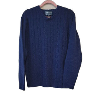 Line Of Trade The Mariner Sweater Blue Shetland Wool Cable Knit Crewneck Size M